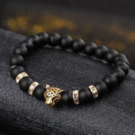 Matte Black Natural Onyx Stone Beads Bracelets with Leopard Charm - Stones & Vine