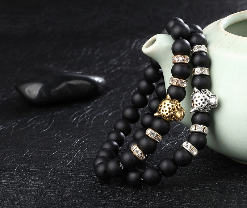 Leopard Charm Matte Black Onyx Beads Bracelets - Stones & Vine