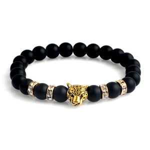 Matte Black Natural Onyx Stone Beads Bracelets with Leopard Charm - Stones & Vine