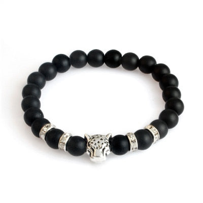 Matte Black Natural Onyx Stone Beads Bracelets with Leopard Charm - Stones & Vine