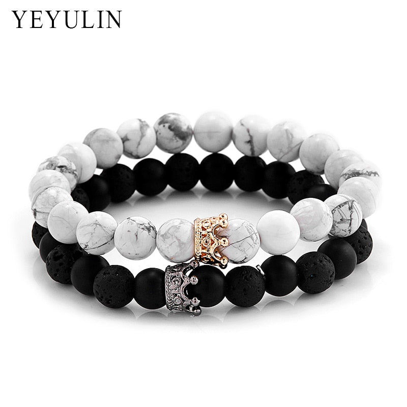 Black & White Crown Charm Natural Stone Diffuser Bracelet - Stones & Vine