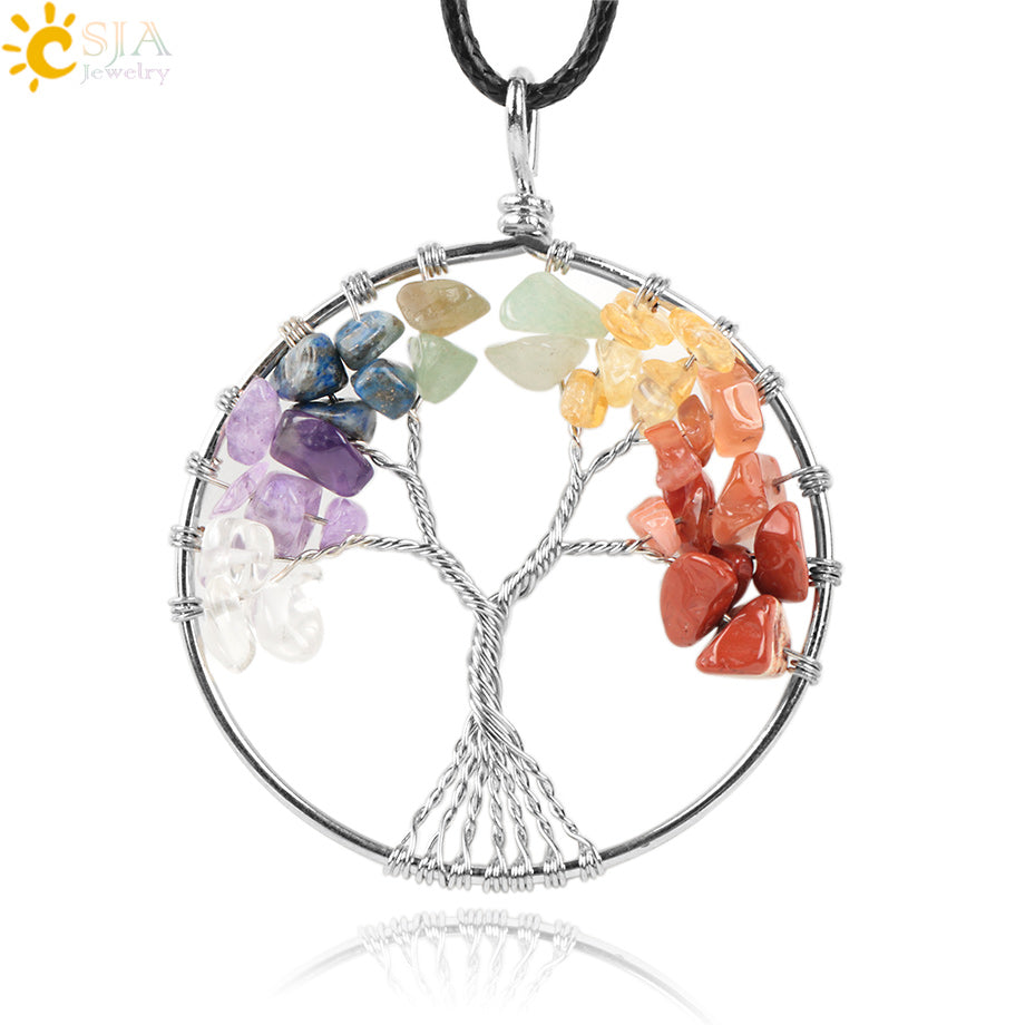 Life Tree 7 Chakra Natural Crystal Stone Necklace & Pendant - Stones & Vine