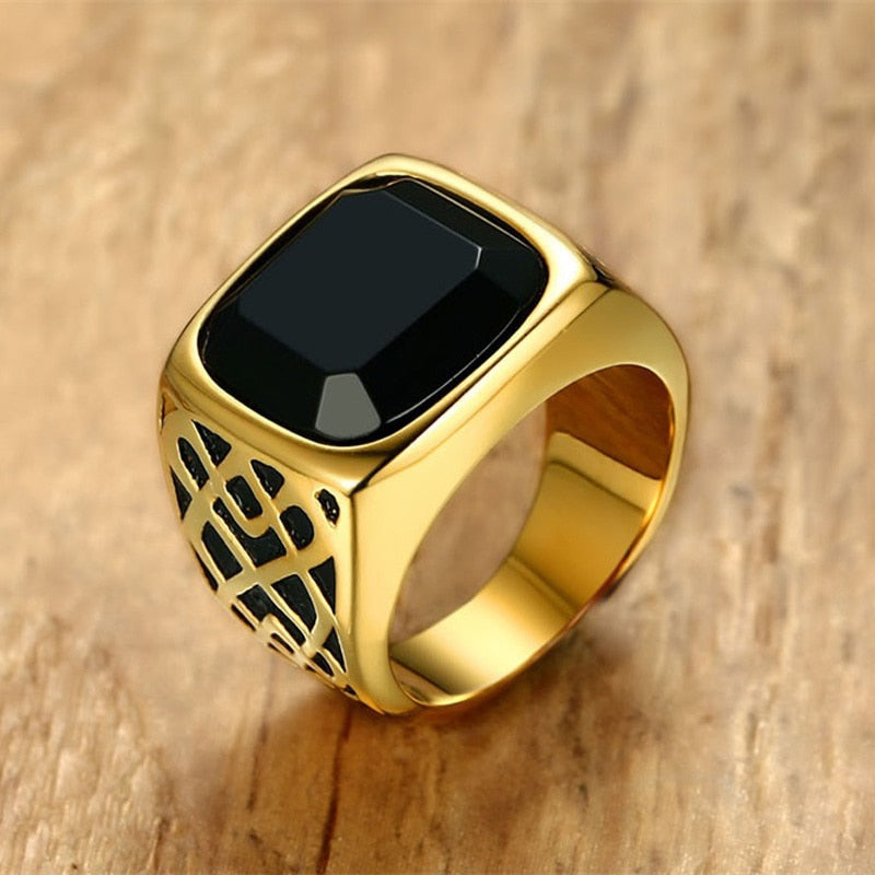 Black Carnelian Semi-Precious Stone Signet Ring in Gold Tone Stainless Steel - Stones & Vine