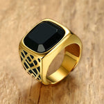 Black Carnelian Semi-Precious Stone Signet Ring in Gold Tone Stainless Steel - Stones & Vine