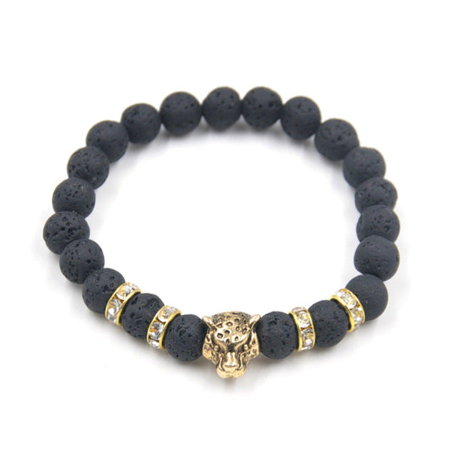 Matte Black Natural Onyx Stone Beads Bracelets with Leopard Charm - Stones & Vine