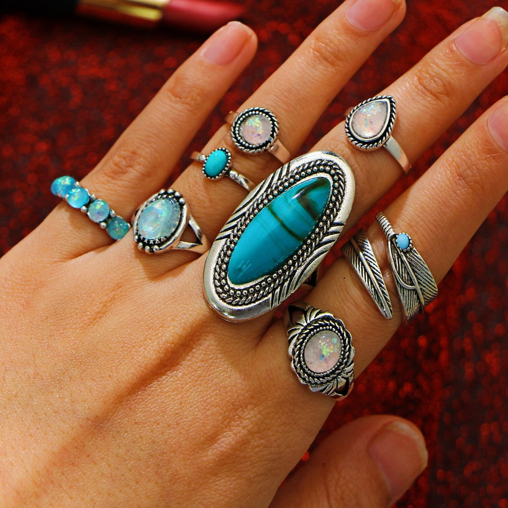 Bohemian Vintage Stone Opal Rings Set - Stones & Vine