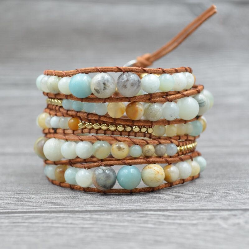 Leather Wrap Amazonite Gold Toned Multi Layered Bracelet - Stones & Vine