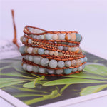 Leather Wrap Amazonite Gold Toned Multi Layered Bracelet - Stones & Vine