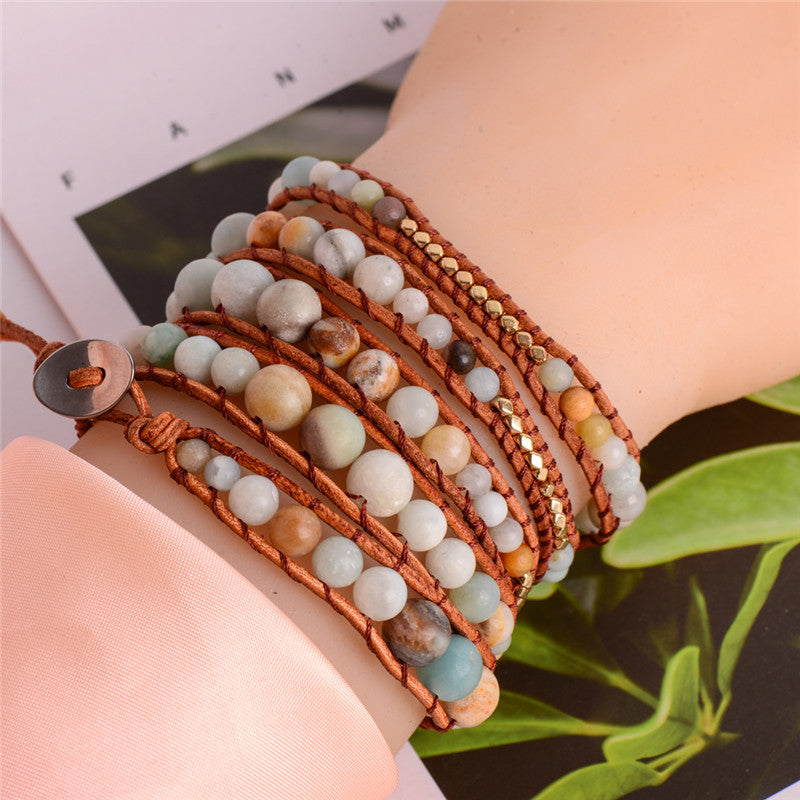 Leather Wrap Amazonite Gold Toned Multi Layered Bracelet - Stones & Vine