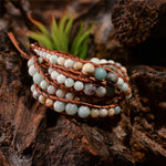 Leather Wrap Amazonite Gold Toned Multi Layered Bracelet - Stones & Vine