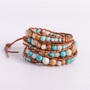 Leather Wrap Amazonite Gold Toned Multi Layered Bracelet - Stones & Vine