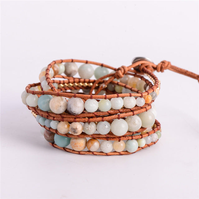 Leather Wrap Amazonite Gold Toned Multi Layered Bracelet - Stones & Vine