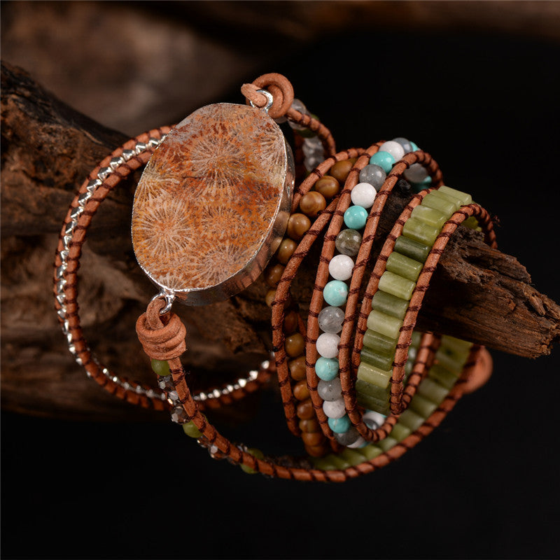 Bohemian Leather Wrap Natural Stone Beaded Bracelet - Stones & Vine