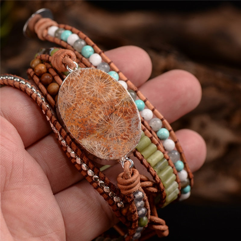 Bohemian Leather Wrap Natural Stone Beaded Bracelet - Stones & Vine