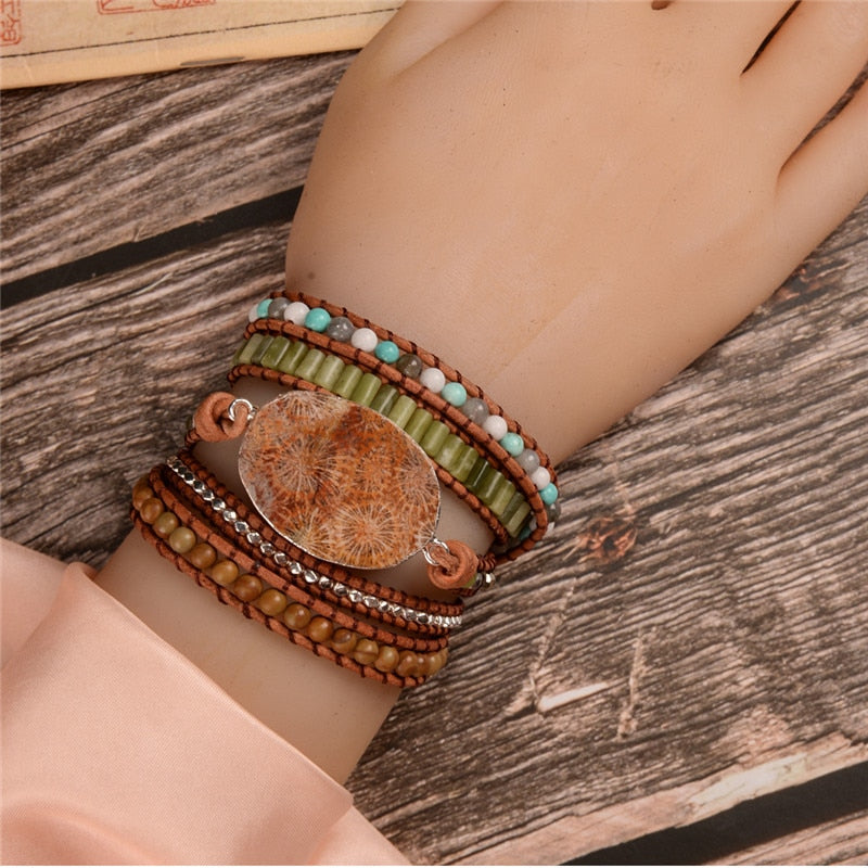 Bohemian Leather Wrap Natural Stone Beaded Bracelet - Stones & Vine