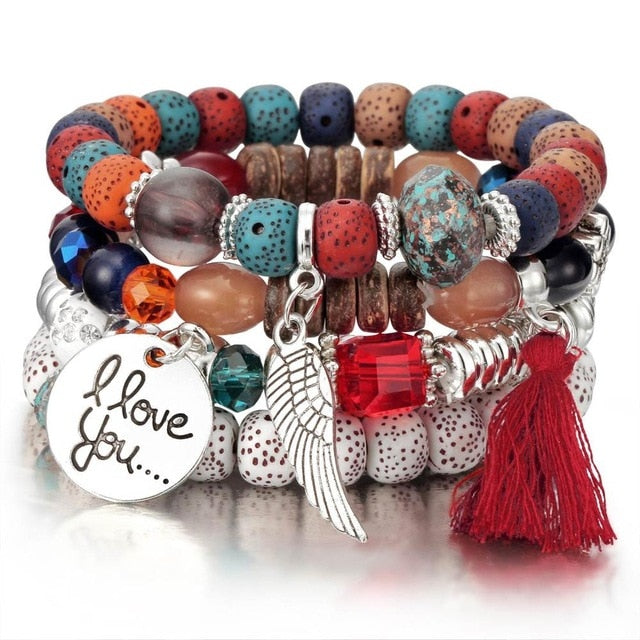 Three Layers Beaded Charms Bracelets - Stones & Vine