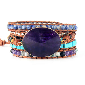 La Femme Purple Natural Stones Onyx Leather Wrap Bracelet - Stones & Vine