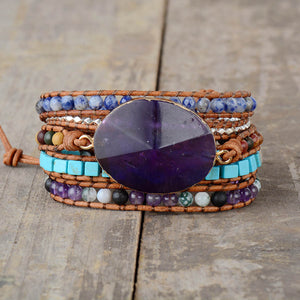 La Femme Purple Natural Stones Onyx Leather Wrap Bracelet - Stones & Vine